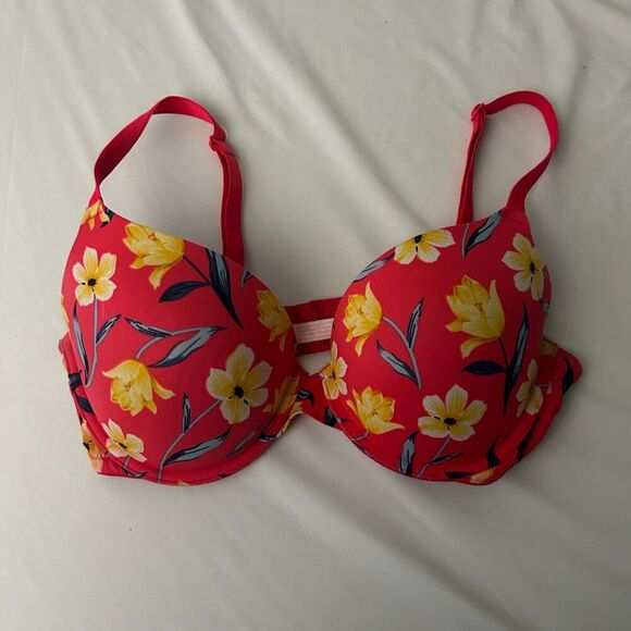 VS PINK Wear Everywhere Push Up Bra Red Floral Print 38D Adjustable Strap - Picture 2 of 8